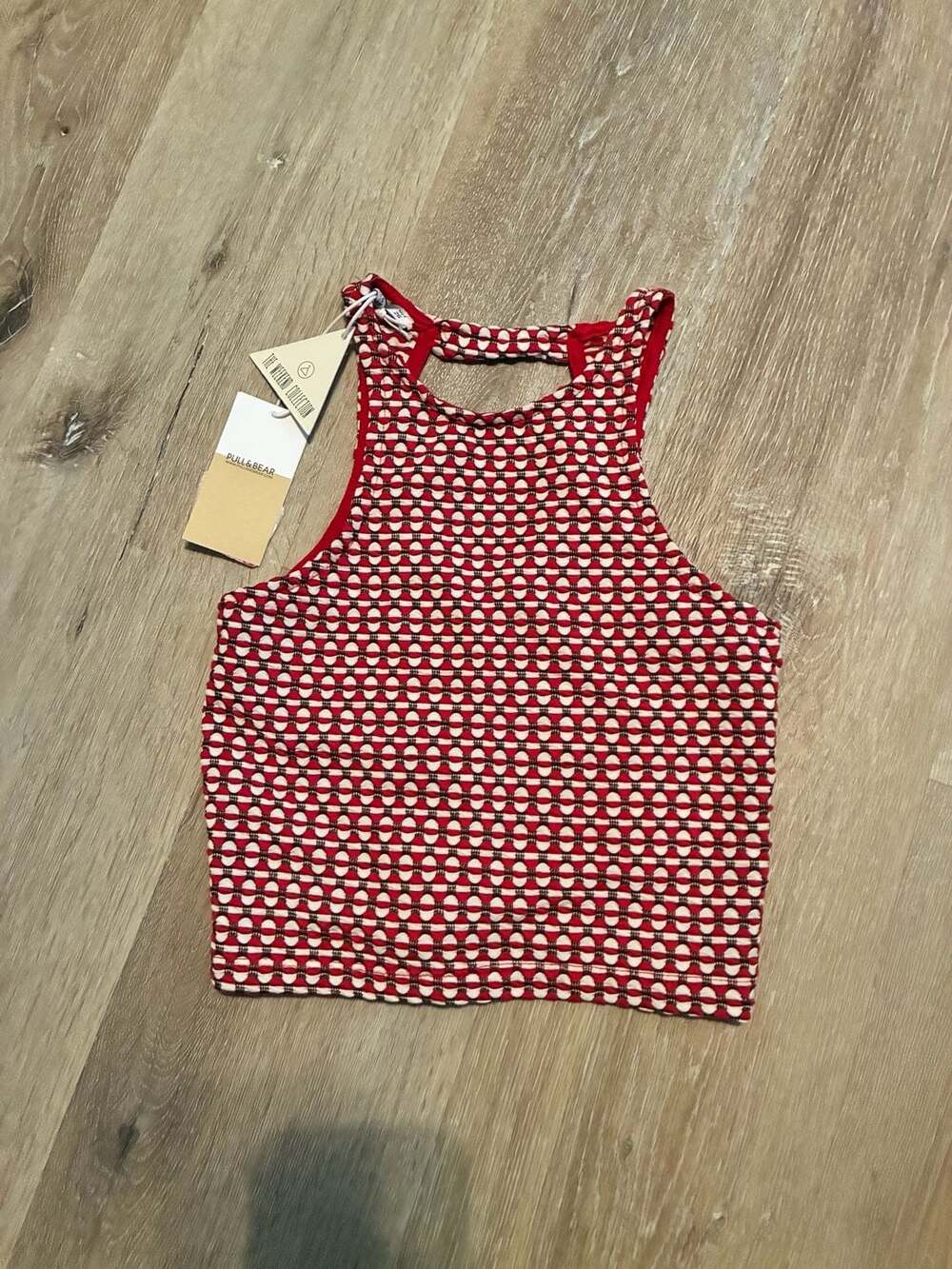 Pull&Bear Red And White Patterned Halter Neck Crop Top